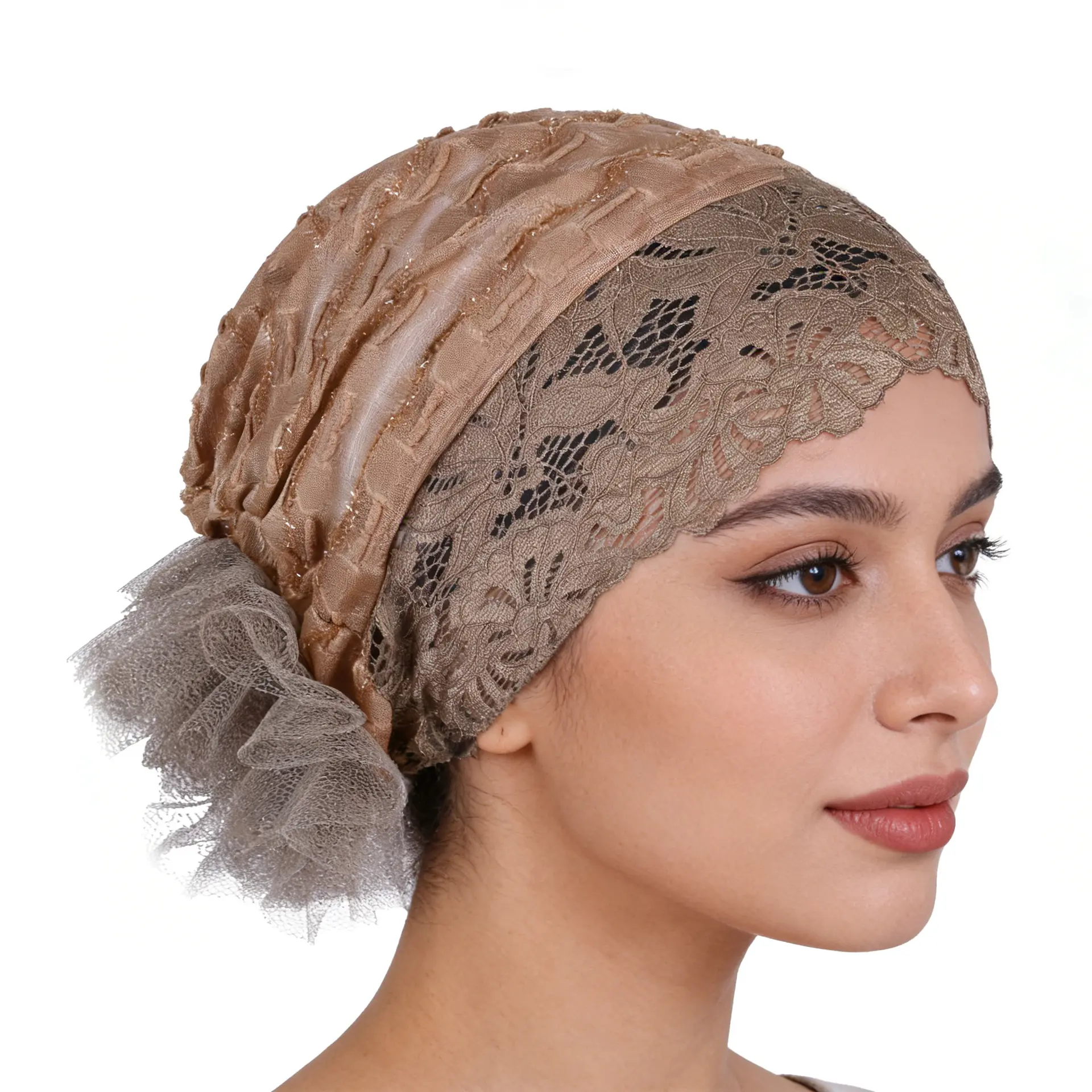 Vintage Chic Metallic Knit Blend Turban Bonnet Cap - Effortless Metallic Shimmer, Floral Lace Front Trim, Slip-Resistant, Ruffled Mesh Flower, Soft Breathable Chemo Head Cover, One Size Fits Most, Party Daily Wear