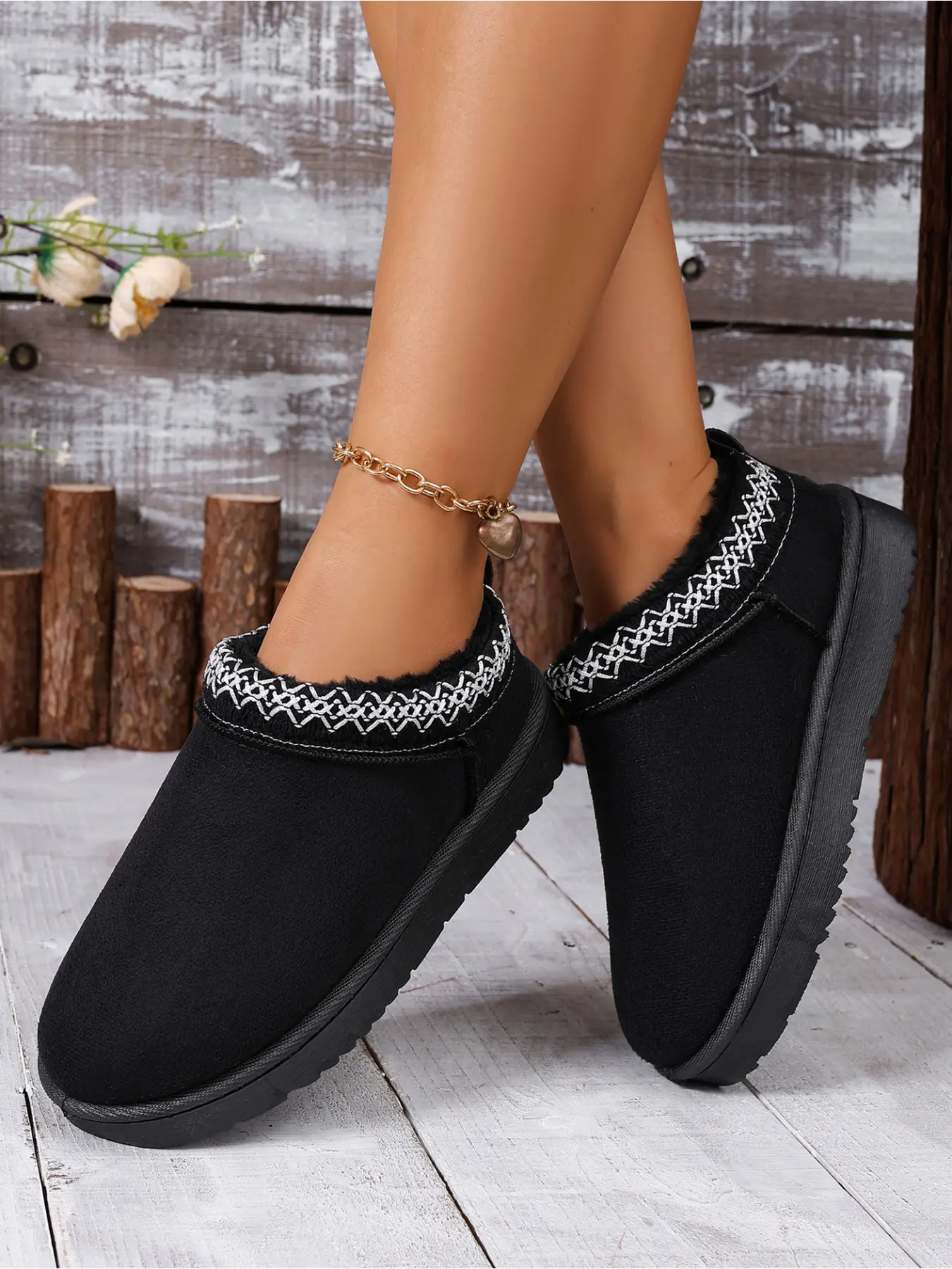 Vintage Bohemian Woven Trim Wrap Back Warm Cotton Shoes Faux Suede Thick Furry Lined Chunky Platform Indoor Outdoor Cold Weather Slip On Snow Mules
