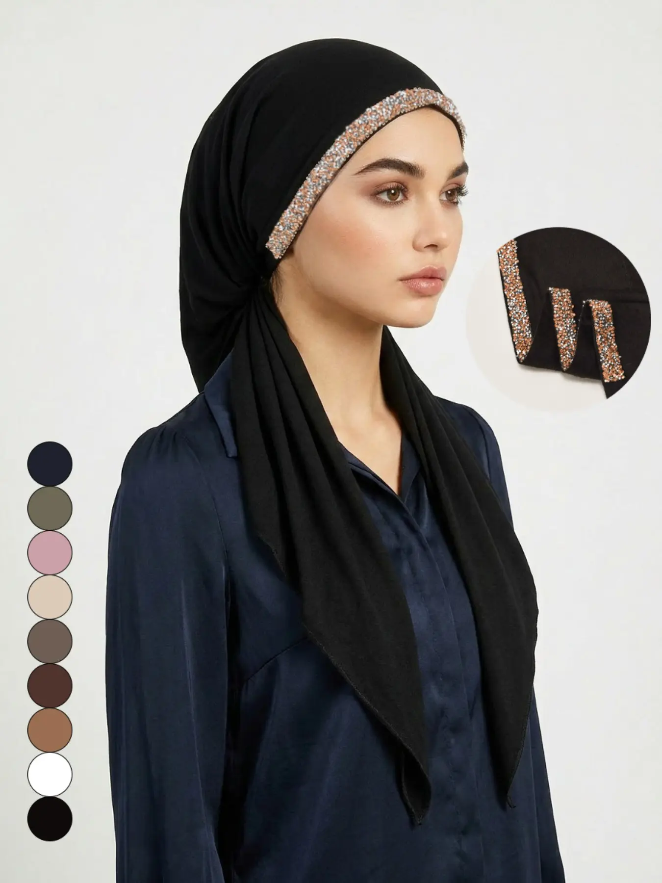 Women's Plain Rhinestone Headscarf, Sun Protection Breathable Classic Turban, Elegant Boho Muslim Hijab, Daily Wear Headscarf