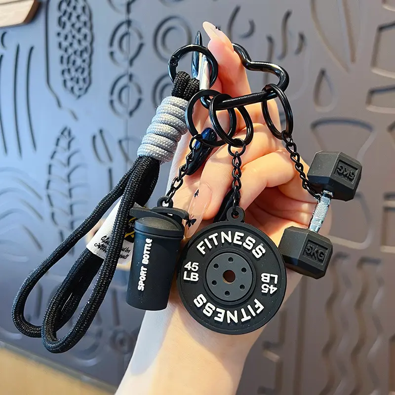 Unisex Handmade DIY Nylon Blend Barbell Keychain - Miu Style Sports Bag Charm, Couple Fitness Pendant, Elastic Waist Fitness Gear, Plain Design, Barbell Charm