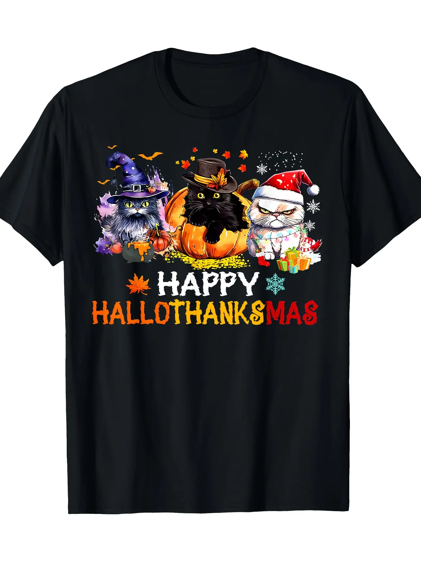 Mens T-shirt 220g 100% Cotton - Cat Lover Halloween Merry Christmas Happy Hallo Thanksmas T-Shirt, Loose Fit Casual Short Sleeve, Machine Washable, All-Season Comfort, Retro T Shirt, Everyday Tee, Classic Style, Comfortable Fit, Printed Tee, Vintage