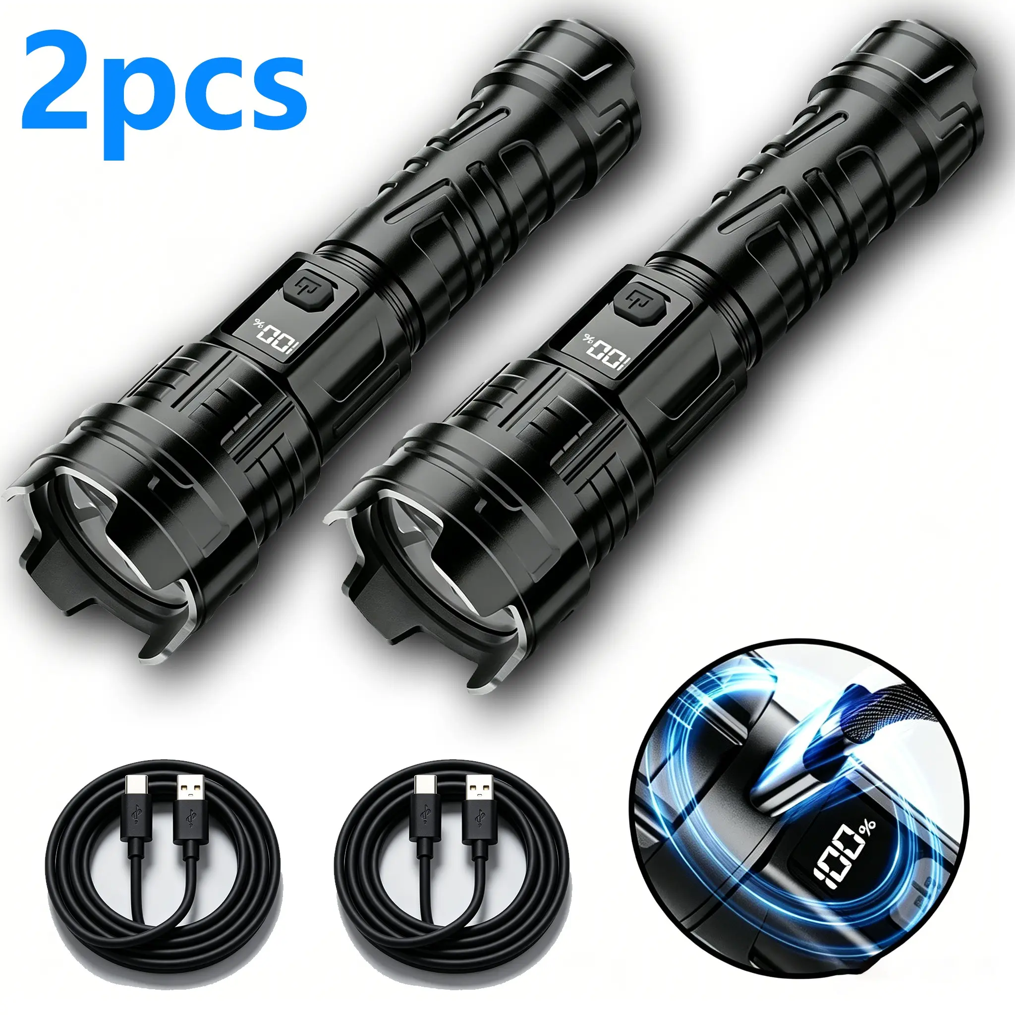 Rechargeable LED Flashlight, Ip44 Dustproof Waterproof, Portable Extendable Zoom, Digital Power Display, 3 Modes for Outdoor Camping Work Emergency