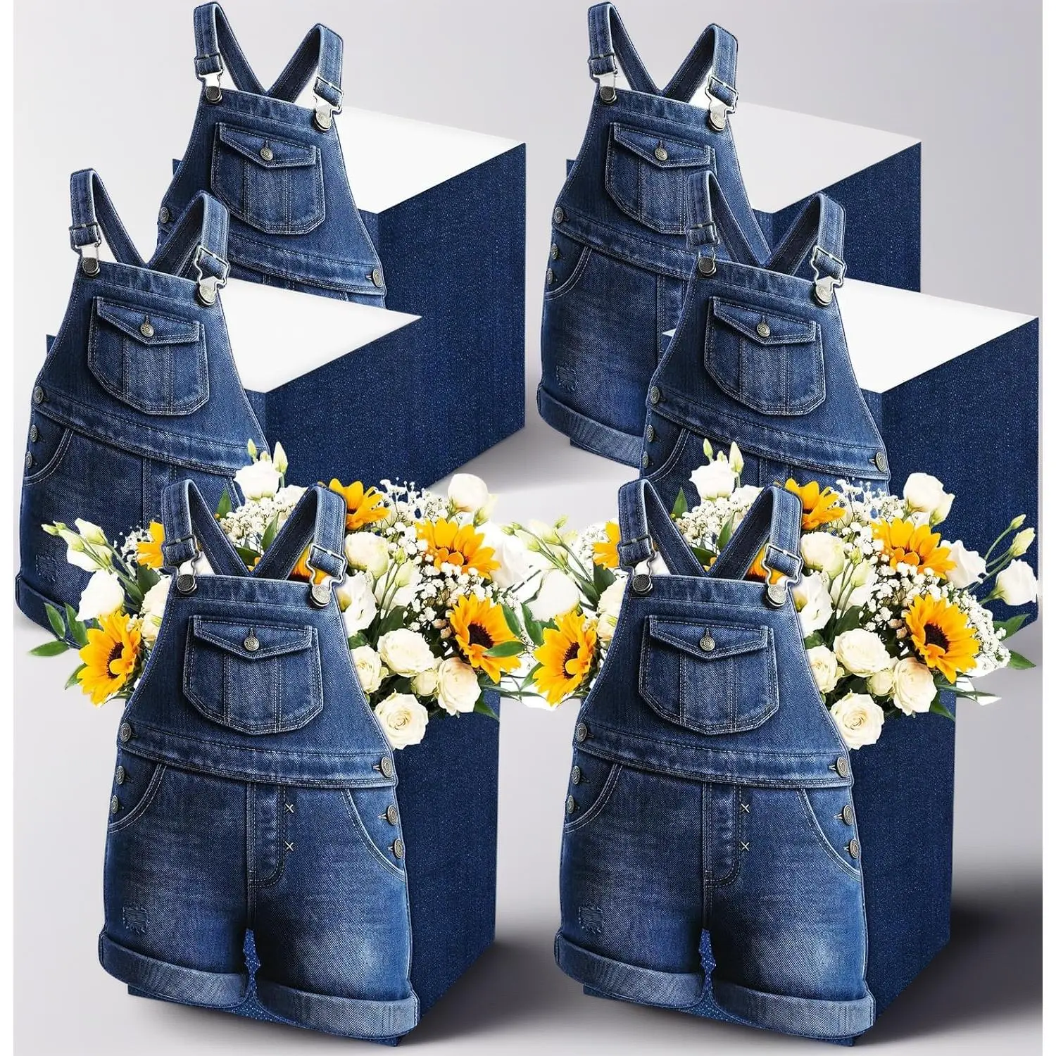 6-Pcs Decorative Denim Baby Shower Centerpiece Boxes, 7x5x5in Blue Jean Overalls Flower & Snack Holders, DIY Party Decoration Supplies for Denim & Diamonds Themed Events, Decorative Boxes