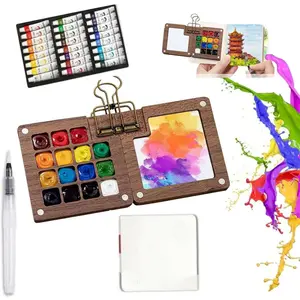 Mini Paint Set, 24-Color Pocket Painting Kit with Wood Palette,Sketchbook, Water Brush and Clip, Mini Travel Art Set for Outdoor Painting and Adult Beginners