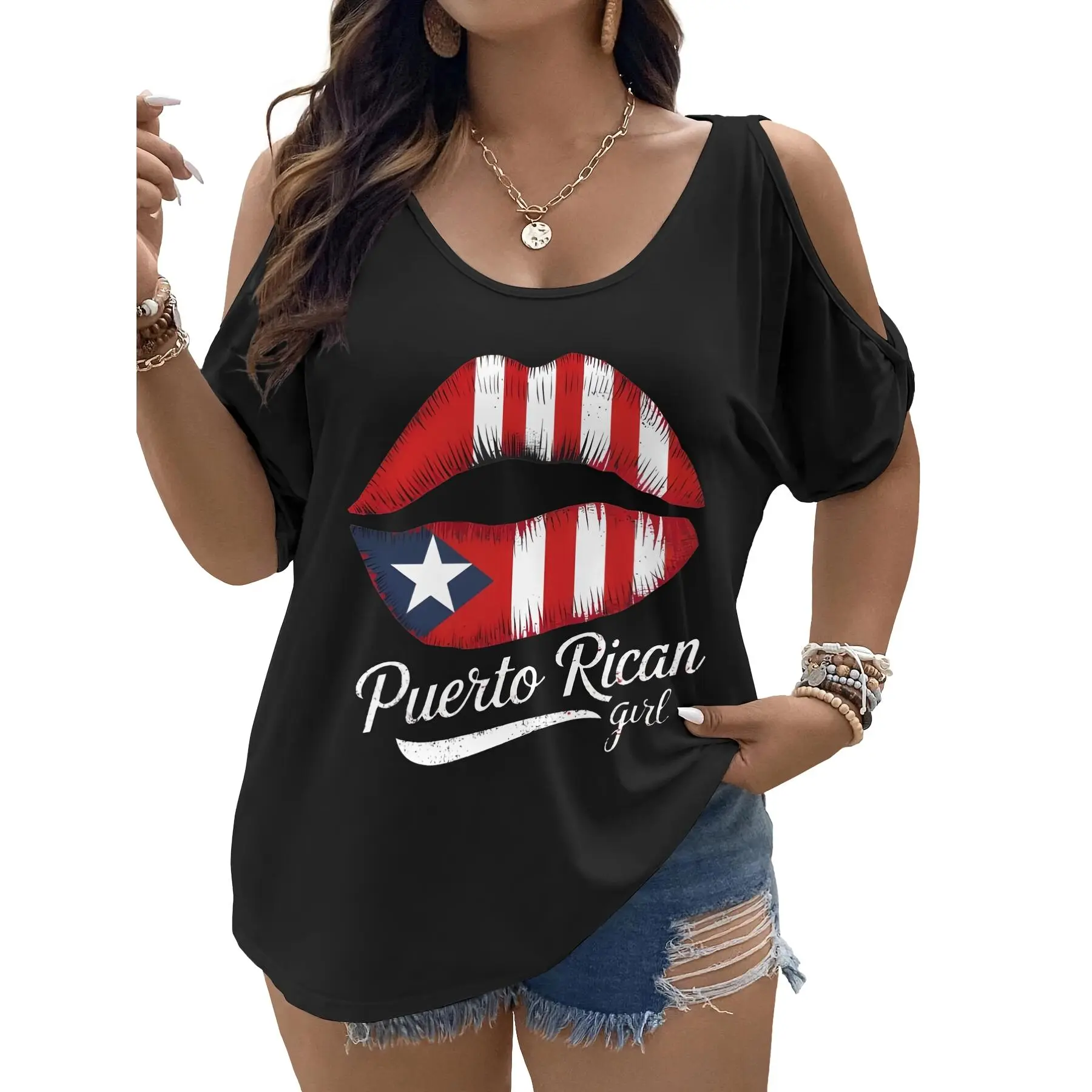 Plus Size, Women's Puerto Rican Flag Lips Graphic Off-Shoulder T-Shirt - Lightweight Cold Shoulder Summer Tee with Flared Hem, Soft Casual Top for All Body Types, Perfect Christmas & Valentine's Day Gift, Vibrant Design, Holiday Gift, Stylish Blouse