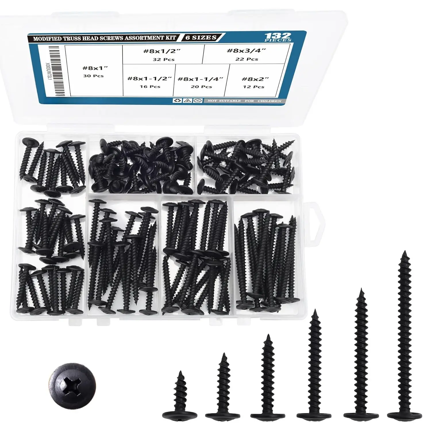 #8  Truss  Black  Screws  Kit, 132 count | Six Sizes: 2",1-1/2",1-1/4",1",3/4",1/2",  Steel, Rustproof,  Tip, Phillips Drive, Storage Case