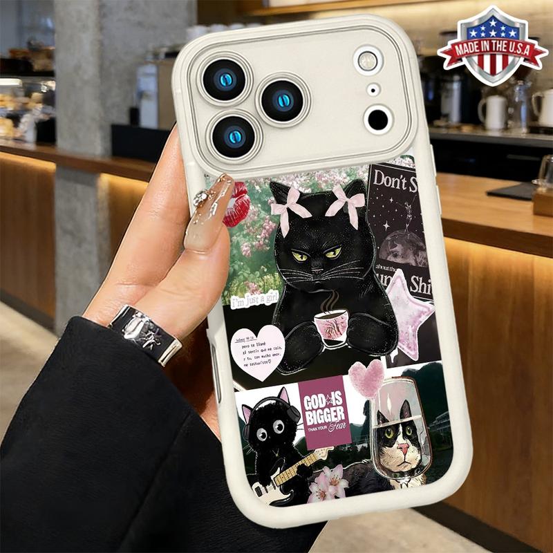 Cute Funny Black Cat Aesthetic Collage Pattern Case for iPhone 17 Pro Max 16 15 14 13 12 11 XR XS Plus Air Slim Shockproof Anti Drop Protective Lightweight TPU Cover
