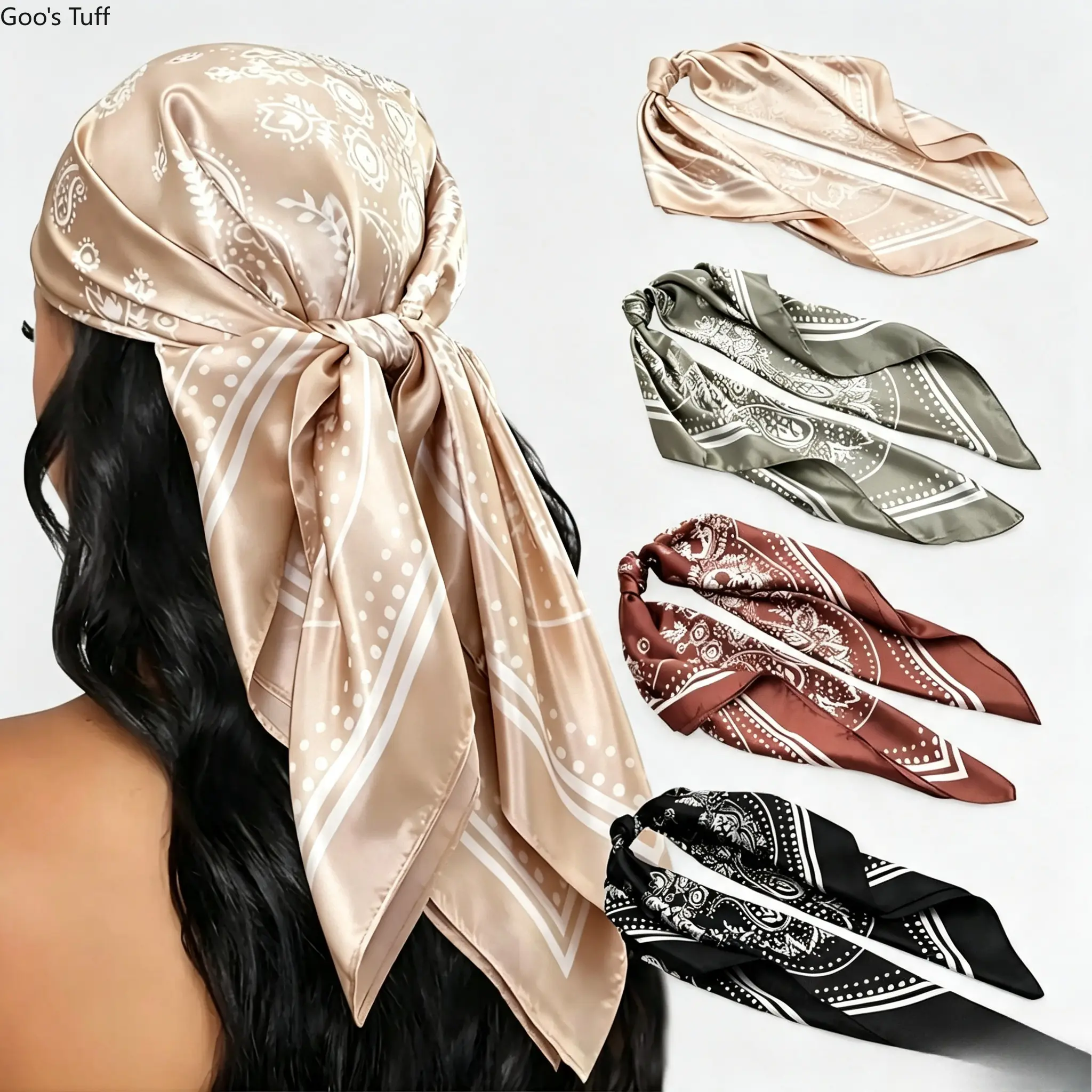 Women's 4-Piece Boho Floral Pattern Silk-Like Satin Shawl Set, 35in Adjustable Wrap Neck Hair Accessories for Daily Casual & Outdoor Activities