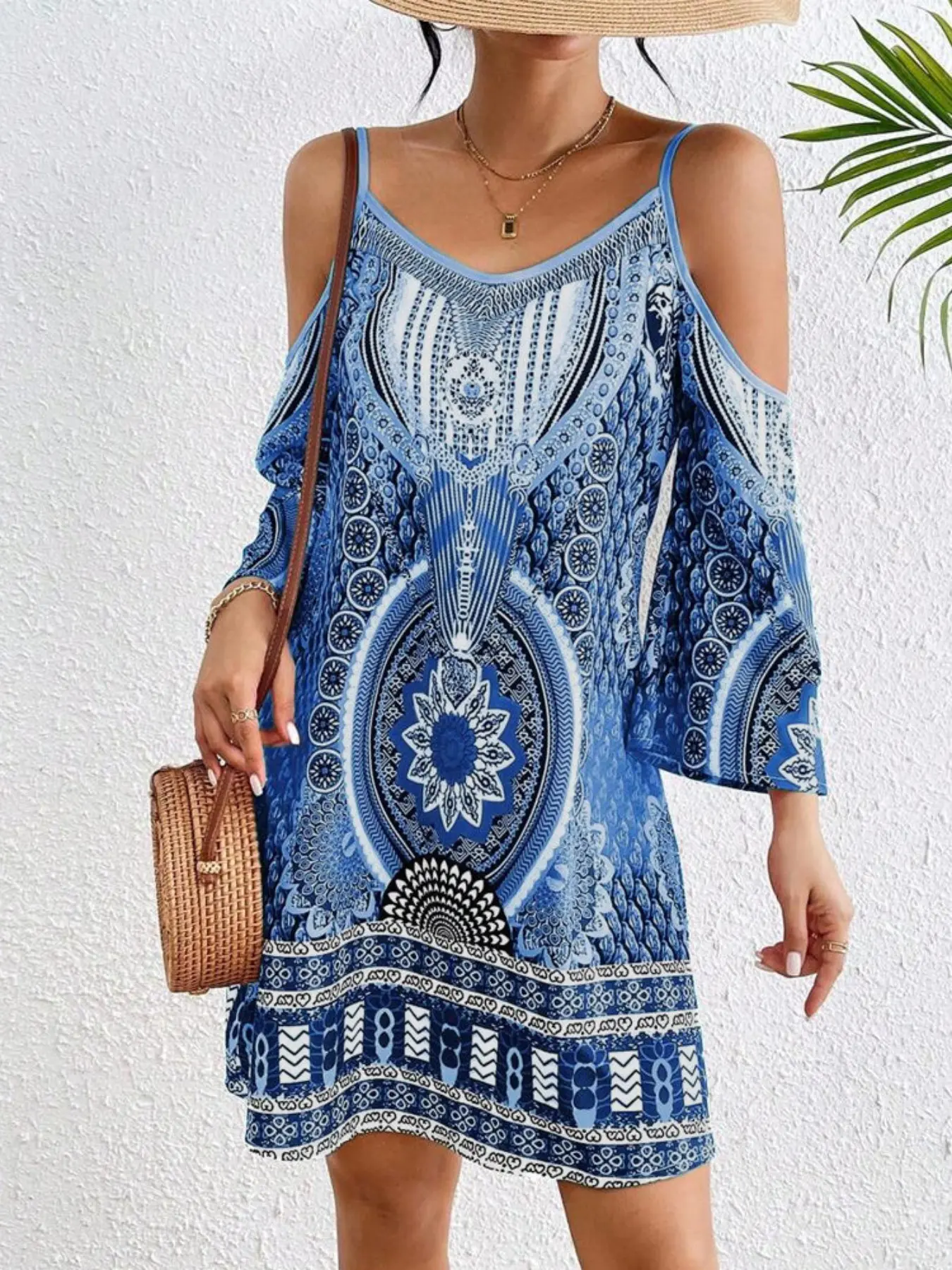 Boho Ethnic Geometric Print Dress, V Neck Halter Seven-Quarter Bell Sleeve, Loose Fit Casual Beach Vacation Dress, Summer Fashion