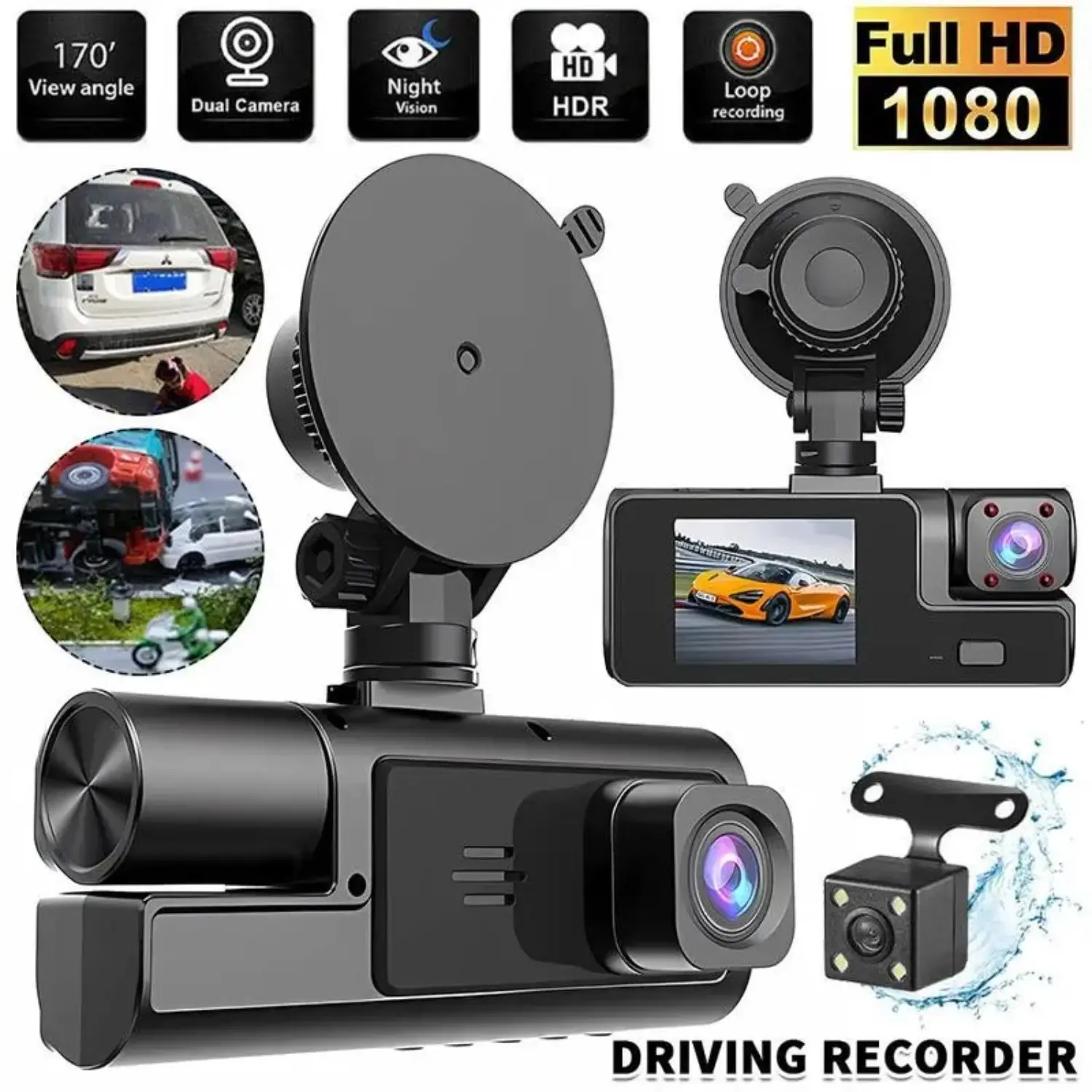 Car Dvr Camera, Car Dashcam, Automotive Driving Recorder, Front Inner Back Three Recording, 1080P Front Camera, Night Vision, Loop Recording, Gravity Sensor, Includes 32GB SD Card
