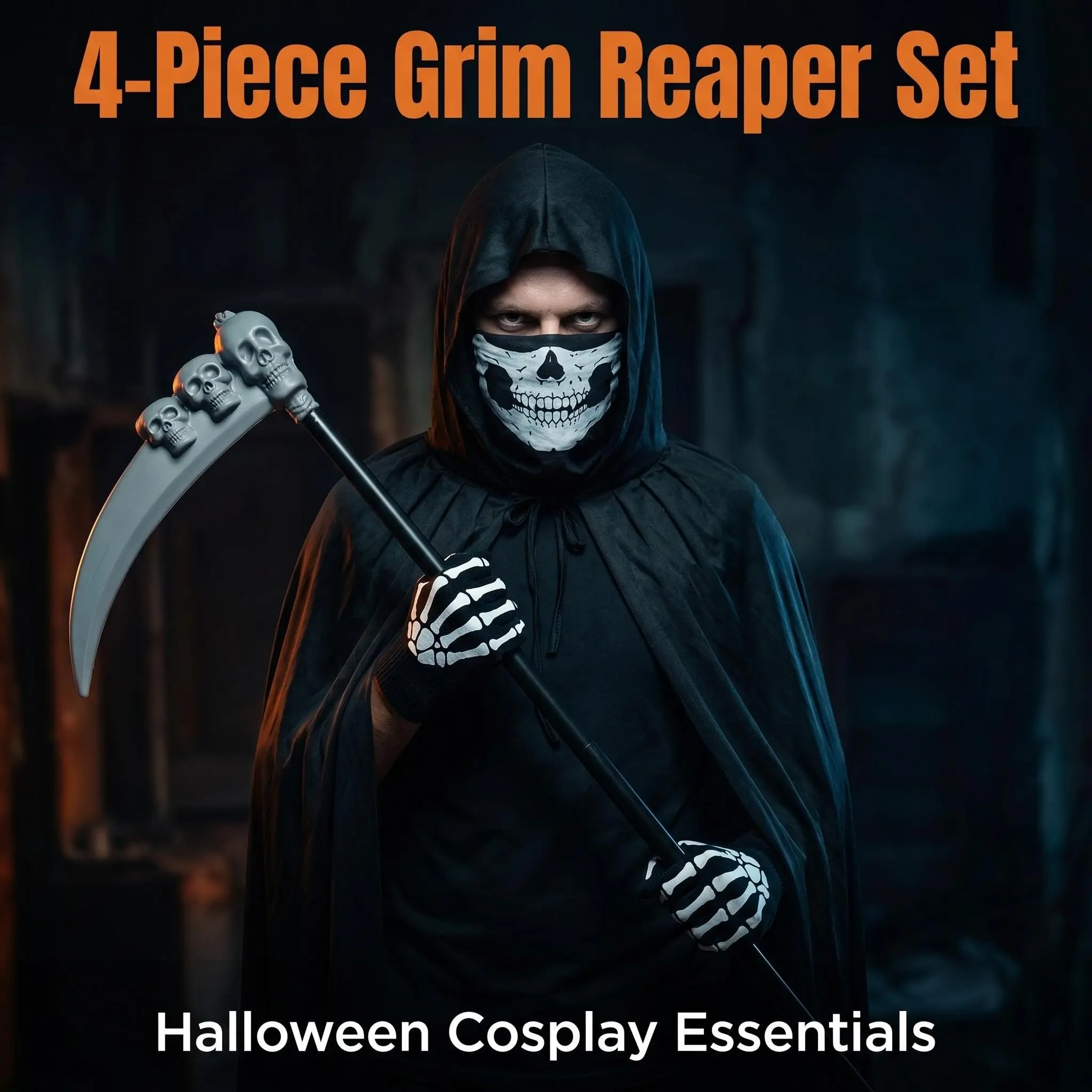 Dark Death God Costume Set for Adults and Kids, Halloween Haunted House Dress-Up Cosplay, Skull Mask, Skeleton Gloves, Scythe, Dark Cape Four-Piece Kit