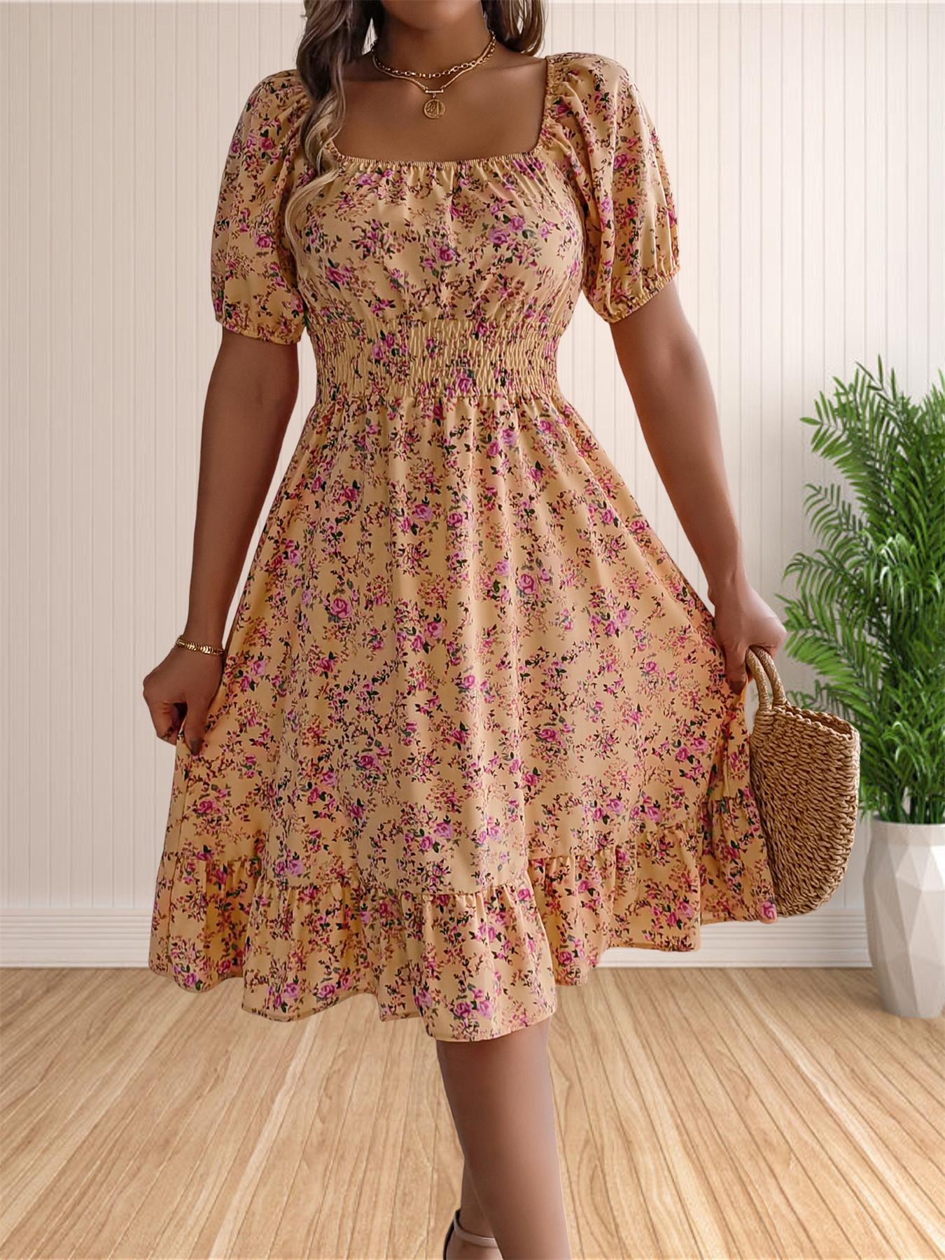 Women's Ditsy Floral Print Shirred Ruffle Hem Dress, Boho Fashion Cute Square Neck Puff Sleeve Knee Length Dress for Holiday Daily Wear, Ladies Dress for Summer