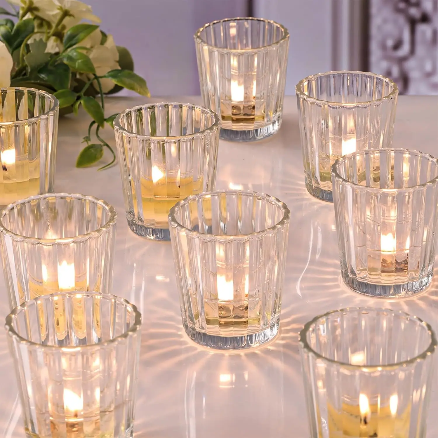 24Pcs Vintage Ribbed Votive Candle Holders, Glass Candle Holder for Wedding Table Decor, Tea Lights Candle Holder for Table Centerpiece, Christmas & Holiday Decor