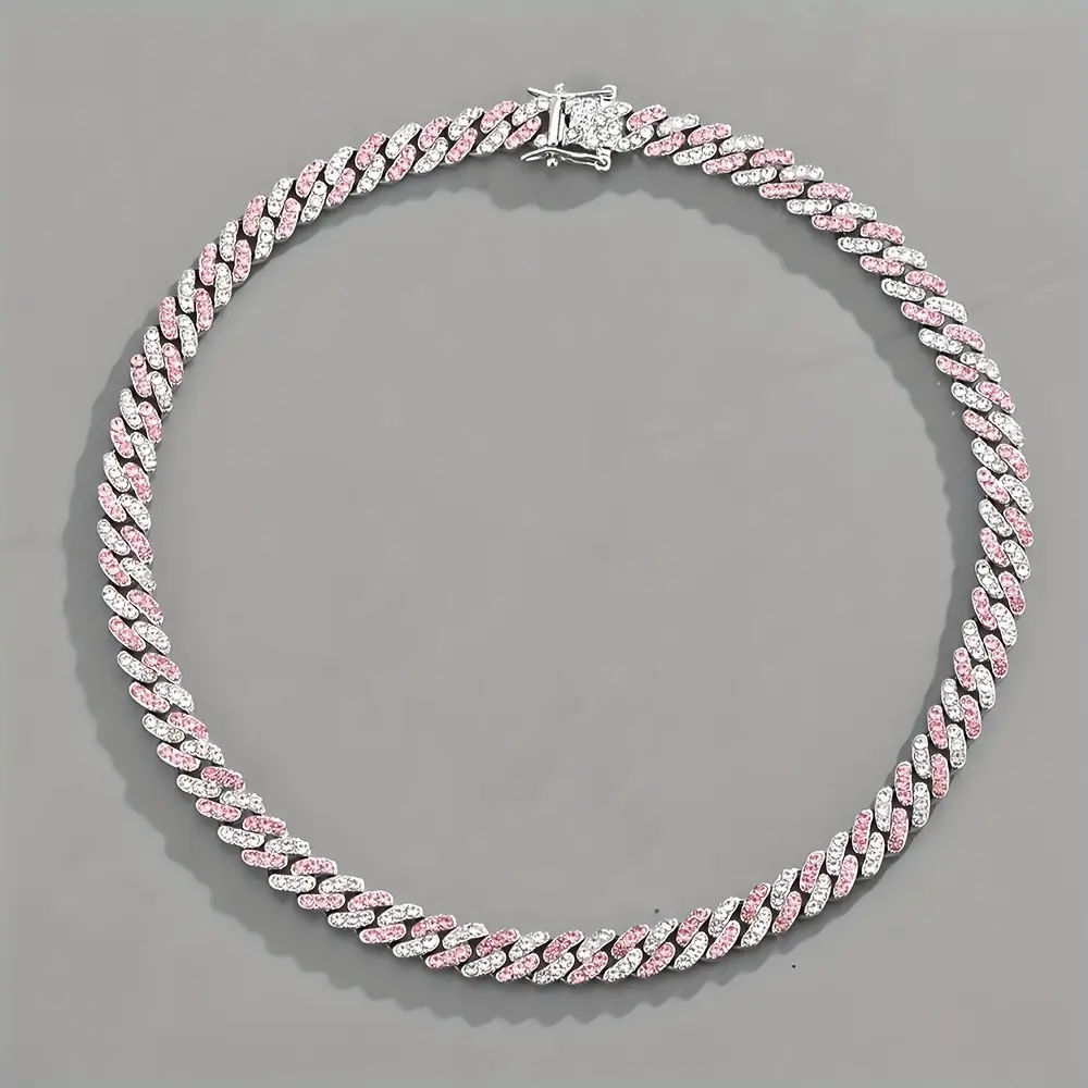 Silvery/Blue/Pink Miami Cuban Link Chain 9mm Iced Out Necklace Gift for Men and Women