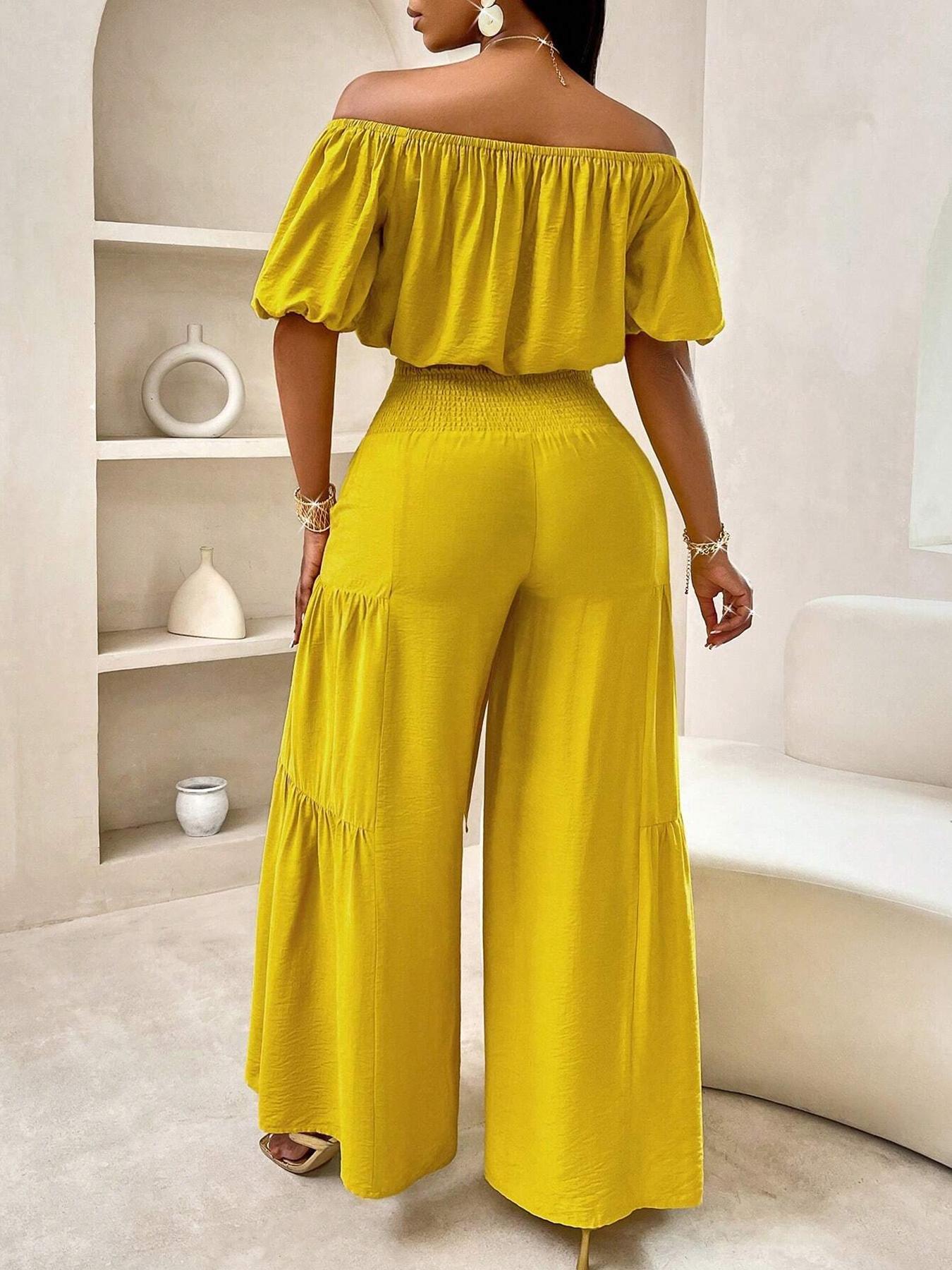 Women's Solid Color Top & Wide Leg Pants Set, Casual Off Shoulder Top & Palazzo Pants for Summer, Ladies Clothes for Beach Holiday Vacation, Womenswear Women's Solid Color Top & Wide Leg Pants Set, Casual Off Shoulder Top & Palazzo Pants for Summer, Ladies Clothes for Beach Holiday Vacation, Womenswear