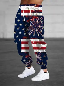 Men's 3D Patriotic Eagle and Fireworks Print Joggers, Casual Elastic Sports Pants, Drawstring Waist and Pockets, Comfortable Streetwear