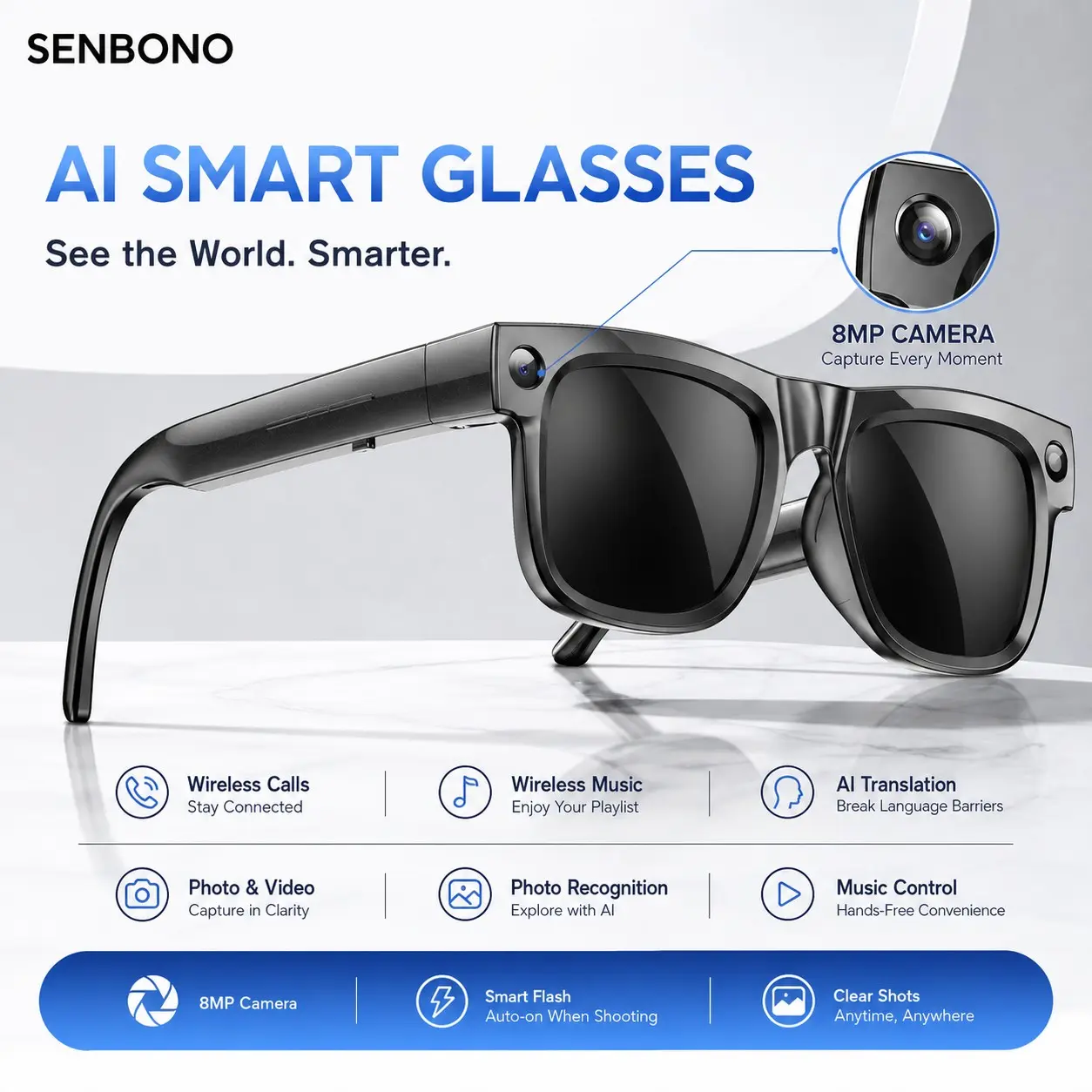 SENBONO AI Smart Glasses ,8MP Camera for Photo Video Voice Recording, Dual Mic Dual Speakers,Voice Wake-Up, Travel Cycling