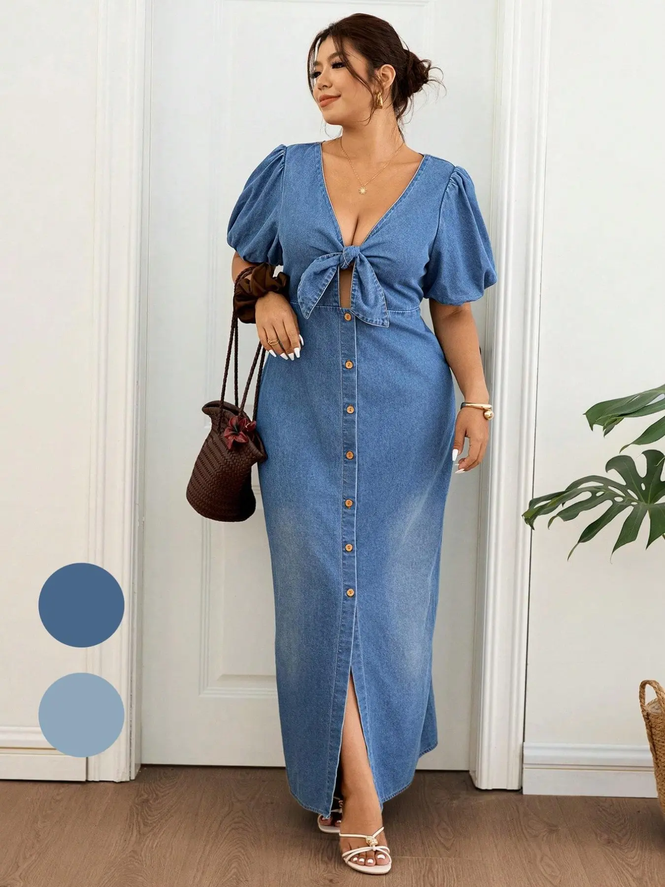 Plus Size Bubble Sleeve Denim Dress, V Neck Slim Fit Long Dress, Casual Short Sleeve Solid Pattern, All Seasons Daily Wear, Bubble Dresses