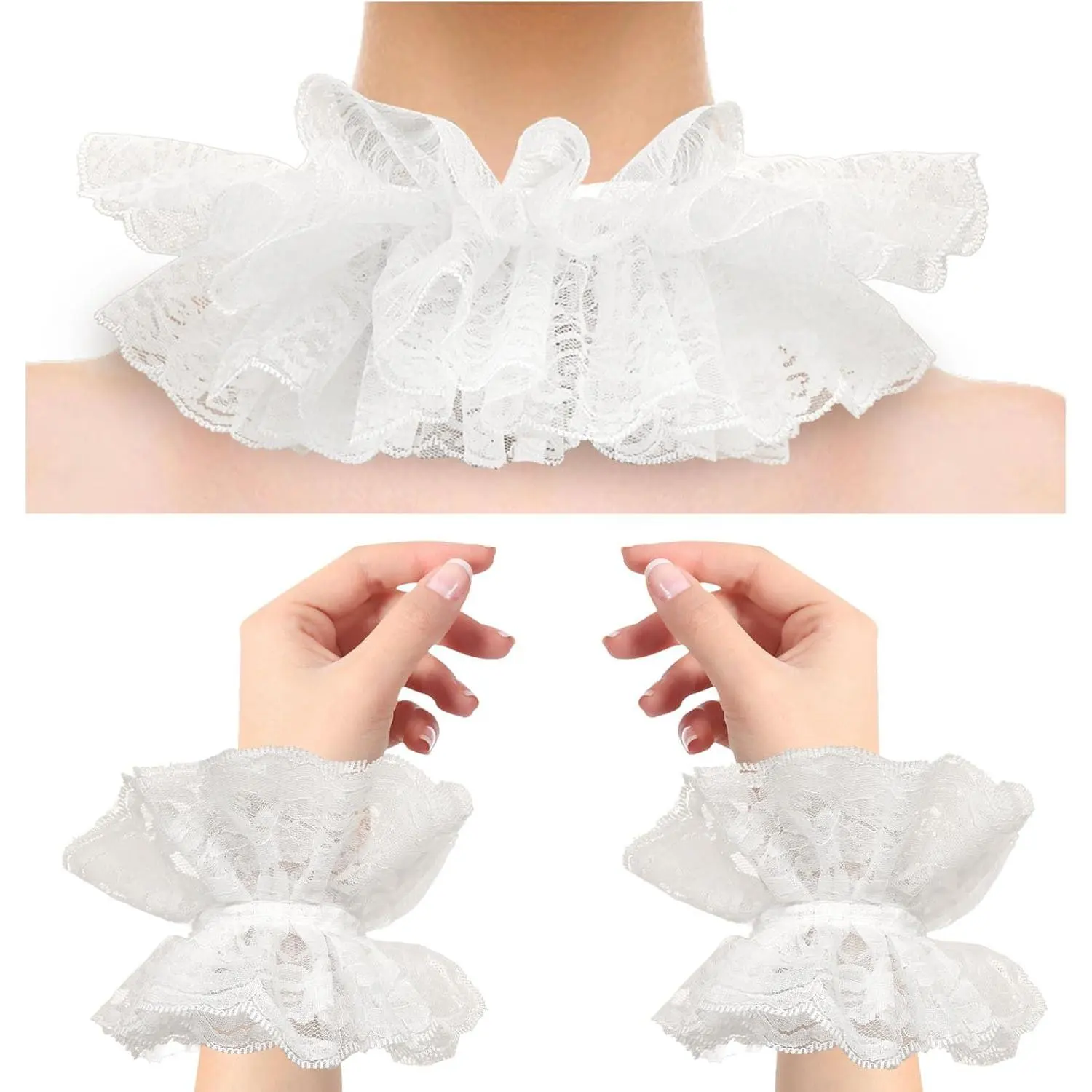 Neck Ruffle Collar Cuffs Set, Vintage Victorian Lace Detachable Costume Accessory, Soft Adjustable Neck Wrist Set