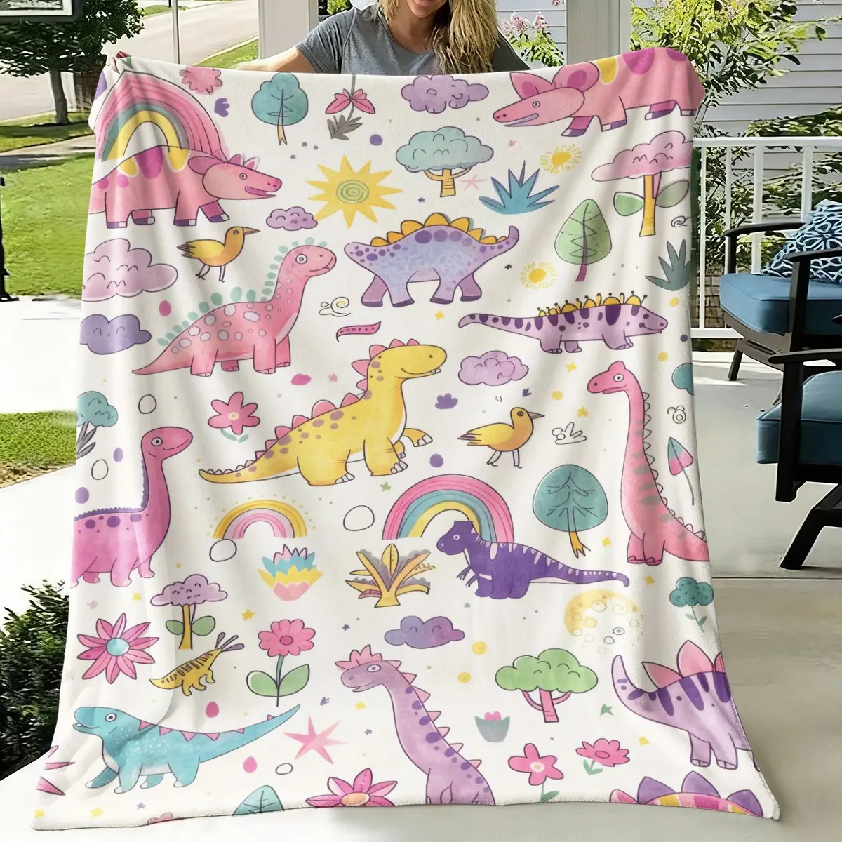 Cute Cartoon Dinosaur Flannel Blanket, Rainbow Flower Print Kids Cover, Baby Bed Nap Decor Gift Blanket, Soft and Cozy