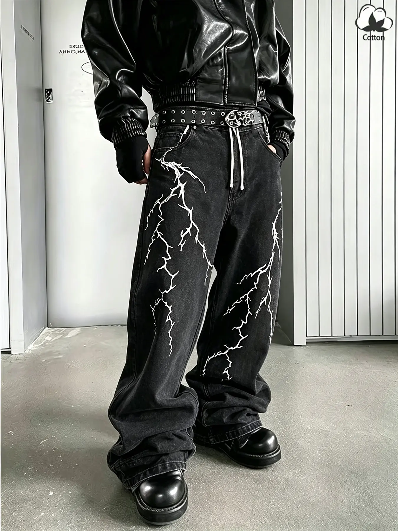 Unisex Multi-Color Double Side Lightning Print Drawstring Wide Leg Jeans Dark Street Techwear Relaxed Fit Casual Denim Pants