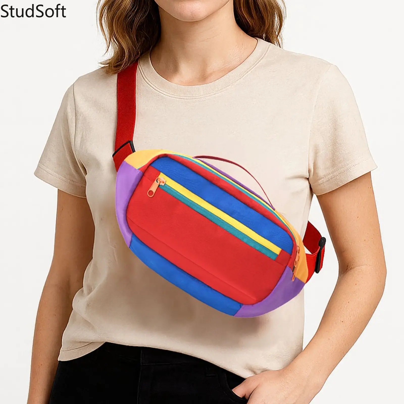 Unisex Color-Block Rainbow Waist Bag, Large-Capacity Waterproof Nylon Bum Purse, Crossbody Belt Bag for Outdoor Running & Travel (Sports & Outdoor Rainwear Accessory)
