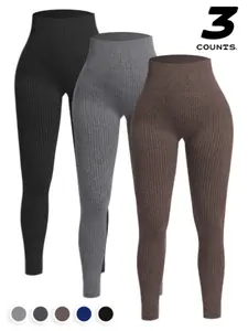 3pcs Women's Seamless Soft Yoga Pants, High Waisted Ribbed Fitness Leggings, Perfect for Running, Cycling, and Gym Use, Comfortable Sportswear