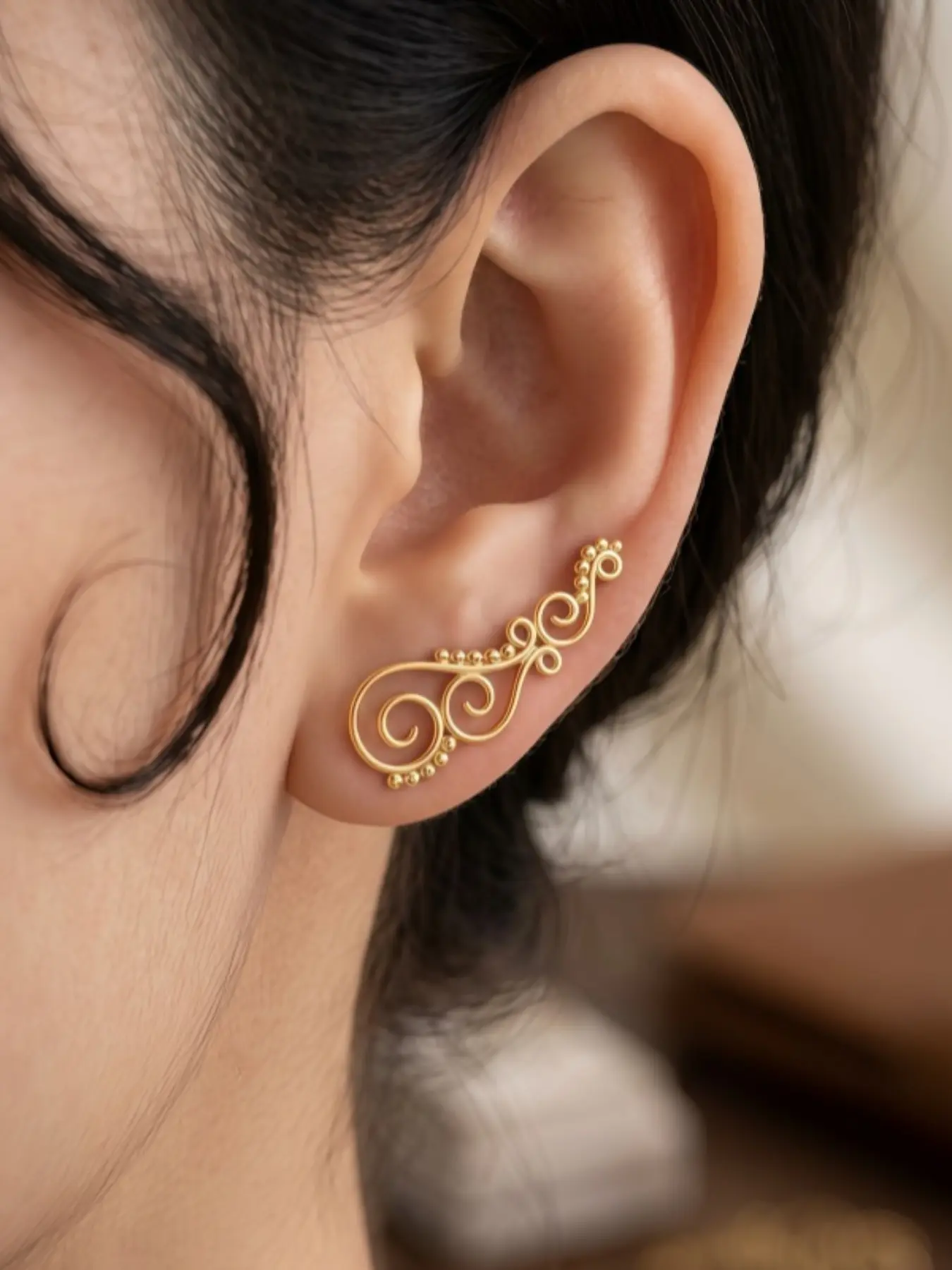 Minimalist Gold Fill Filigree Ear Climber | Vintage Swirl Wave Ear Crawler Earrings Pierced Jewelry for Women