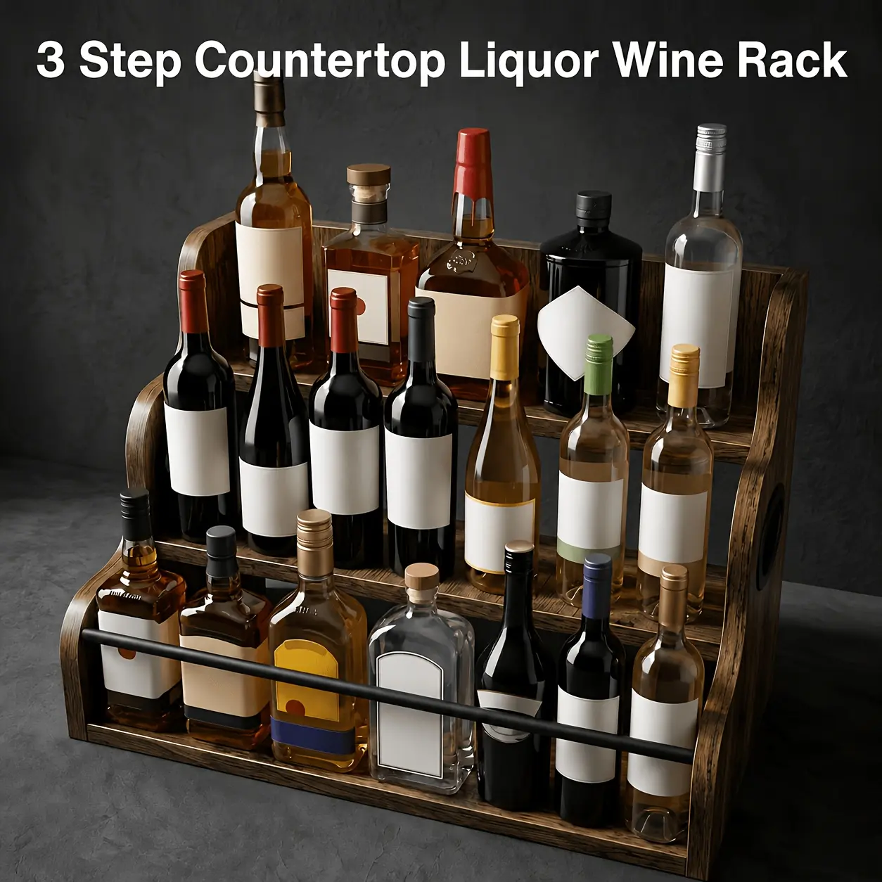 3-Tier Solid Wood Liquor Bottle Display Rack with Safety Metal Guardrail And Dual Oval Handles, Large Capacity Coffee Syrup Organizer for Home Bar Countertop, Rustic Spirit Shelf for Professional Bartending Setup, Kitchen Spice Rack