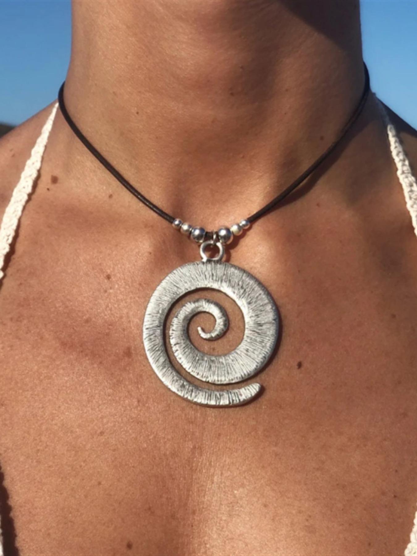 Women's Vintage Spiral Design Pendant Necklace with Leather Cord, Boho Chic Jewelry, Mexican Necklaces, Charm Necklace, Statement Necklace, Necklaces for Women, Vintage Bohemian Jewelry, Boho Style Jewelry