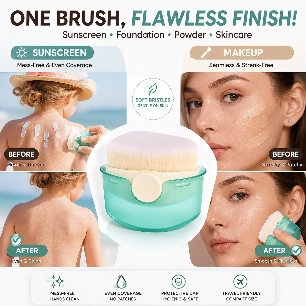 Sunscreen Applicator Brush, Soft Lotion Spreader with Protective Cap, Mess-Free Face & Body Sunscreen Applicator, for Kids and Adults, Facial Brush, Skin Care Tools