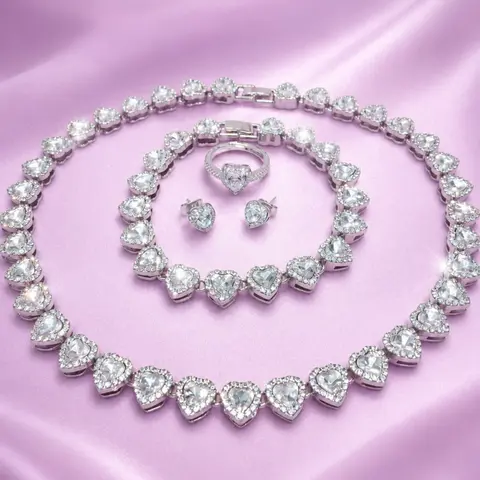 Women's Heart Shape, Romantic Shining Necklace, Bracelet, Ring and Earrings, Elegant Party & Wedding Accessories, Valentine's Day Gift, Heart Shine Set