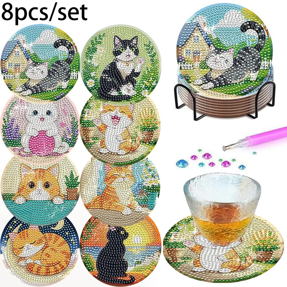 Adorable Cat Flower House Diamond Art Coaster with Tray, Handmade, Perfect Gift for Cat Lovers, Pet Owners, New Home Decor, Coasters for Drinks