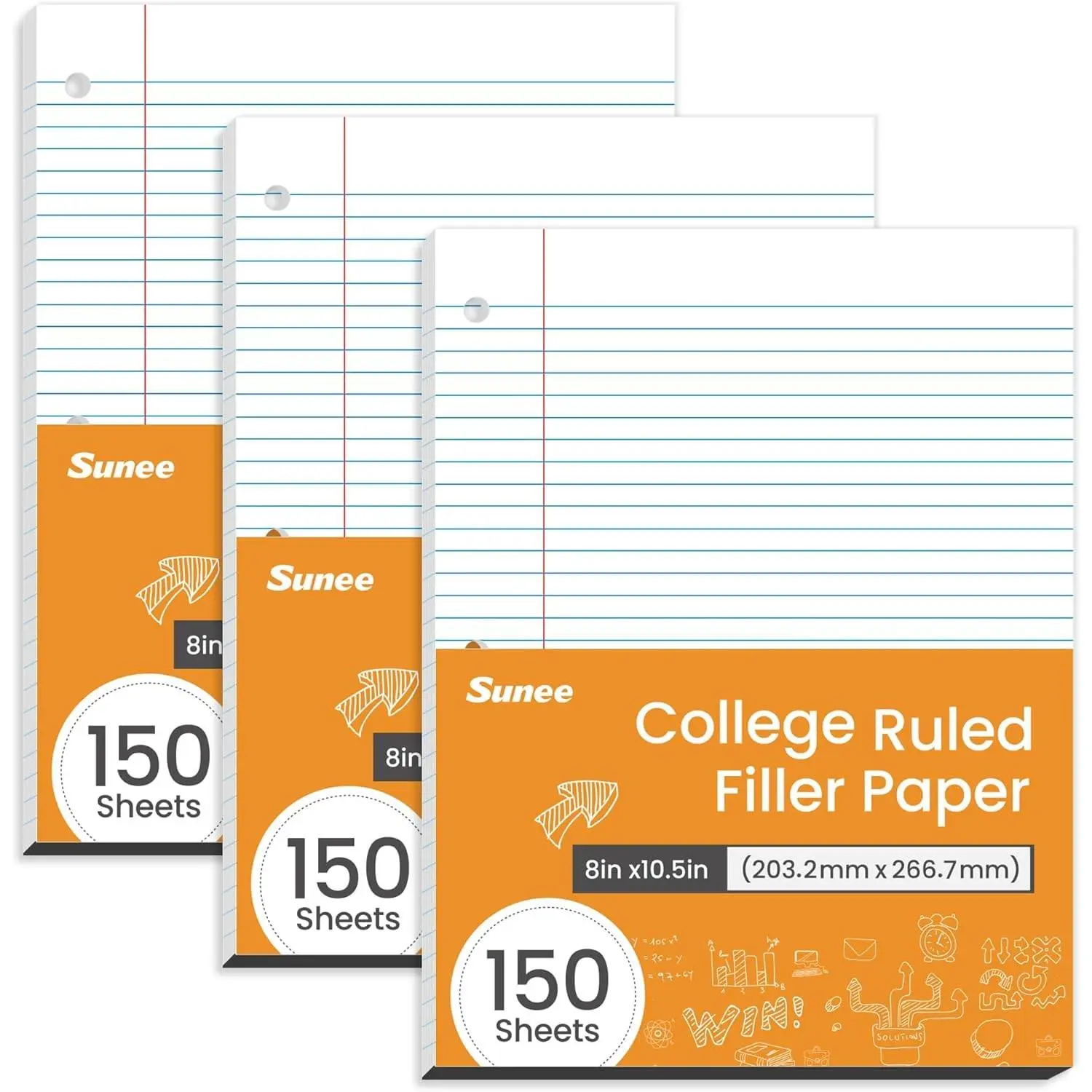 College Ruled Loose Leaf Paper - 450 Sheets Total (3 Packs of 150), 8 x 10.5 Inch, 3-Hole Punched Filler Paper for Binder, Notebook Paper, Ideal for School and OfficeGift