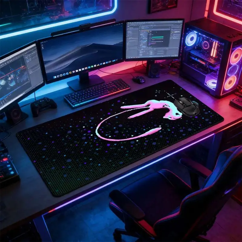 Unisex Large Rectangular Multi-Color Neon Mew Space Pixel Gaming Mousepad - Non-Slip Rubber Base, Stitched Lock Edge Desk Mat, Vibrant Cyberpunk Art, Durable PC Accessory for Gaming Setup, Gamer Stuff Gift for PC Users, Pc Accessories