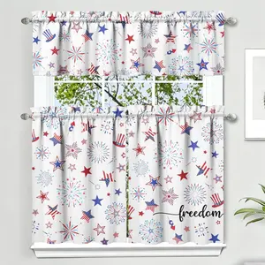Set of 3 4th of July Kitchen Curtains and Valance, Independence Day Home Indoor Decor Short Curtain for 36In Sink Window