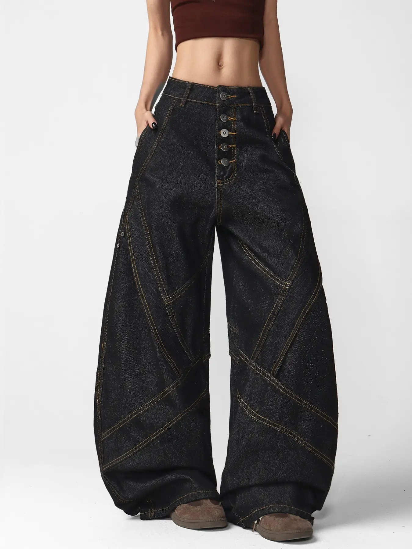 New Street Style Jeans for Women, Loose-Fitting Embroidered Design, Dark Washed Straight Leg Work Pants, Workwear, No Belt Included