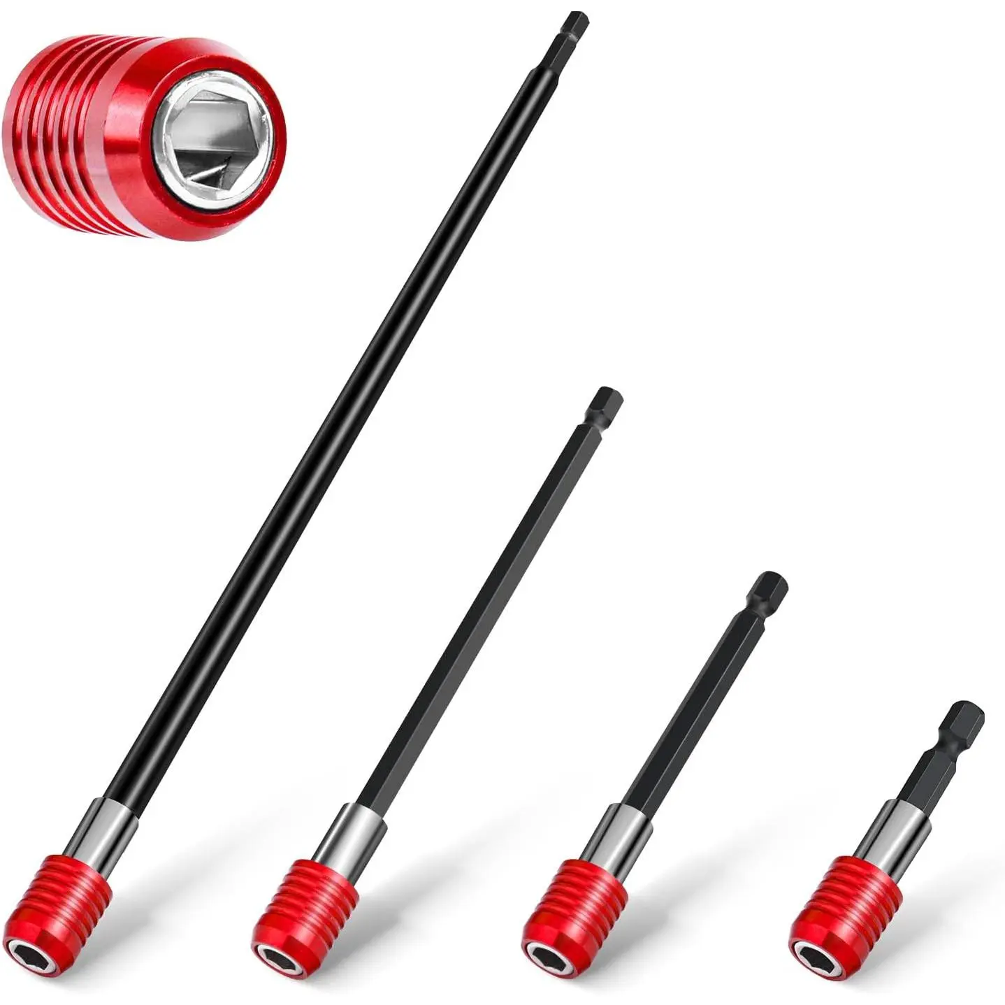 Drill Bit Extension 2/4/6/12’’, Magnetic Bit Holder 4 Pcs, Drill Extension Bit Holder 1/4’’ Hex, Bit Holder  Impact Driver CR-V Steel Quick Release  Screwdriver Bit Nut Drill Socket  New model