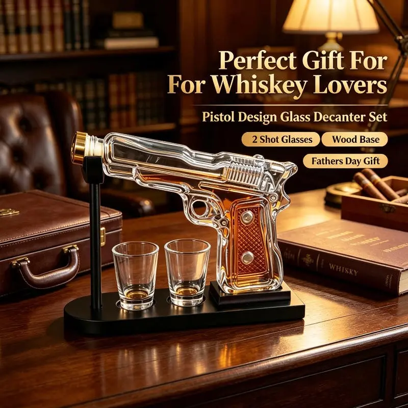 Classic Whiskey Gun-Shaped Liquor Decanter Set with 2 Shot Glasses Novelty Gun Liquor Dispense Home Bar Accessories for Whisky Scotch Vodka Gifts for Dad Husband Boyfriend Liquor Decanter Mixer Tasting Glassware