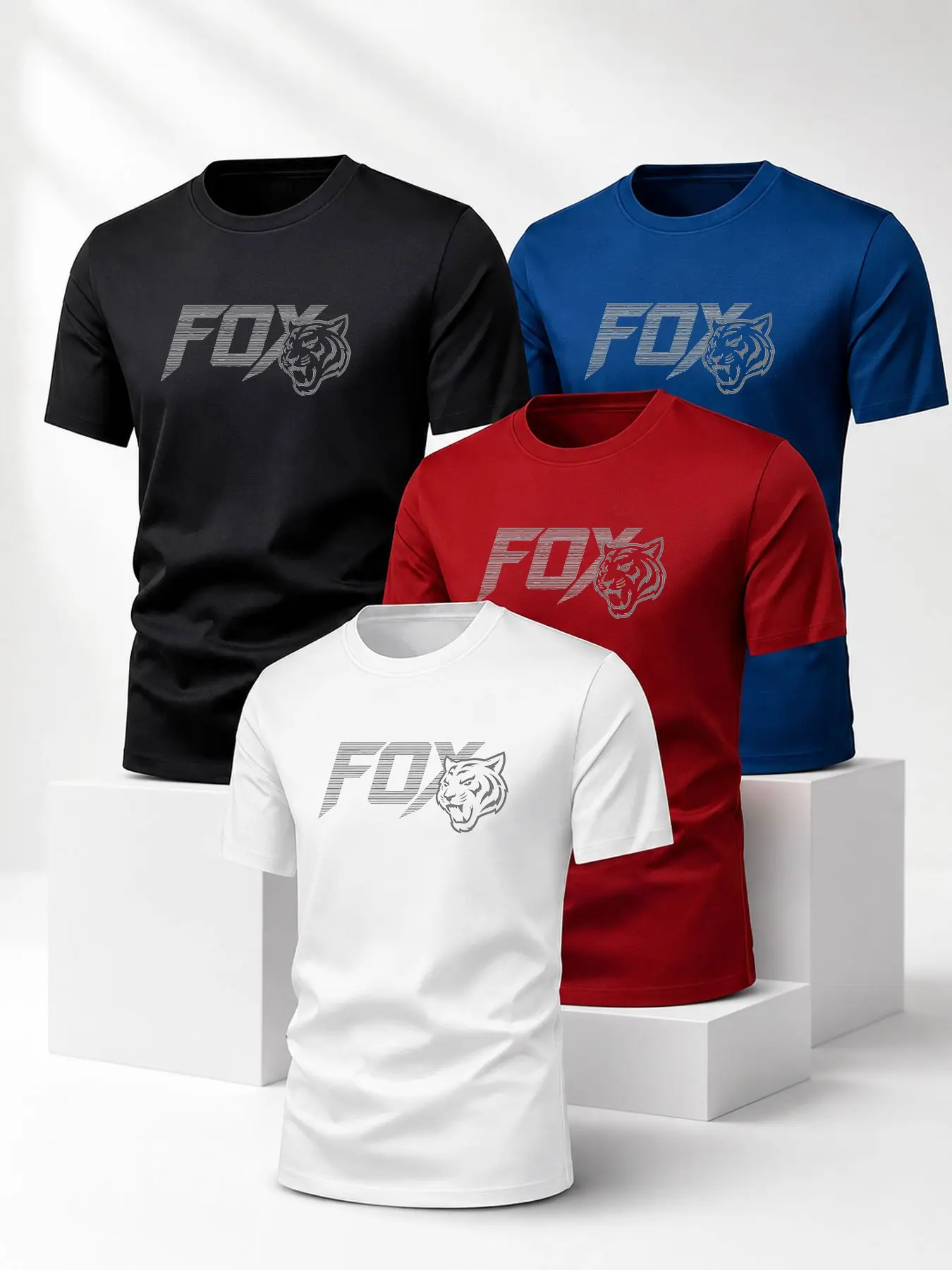 Men's Fox Letter Silver Tiger Head Print Round Neck Short Sleeve T-Shirt Set, Soft Breathable Cotton, Casual Long Sleeve Top