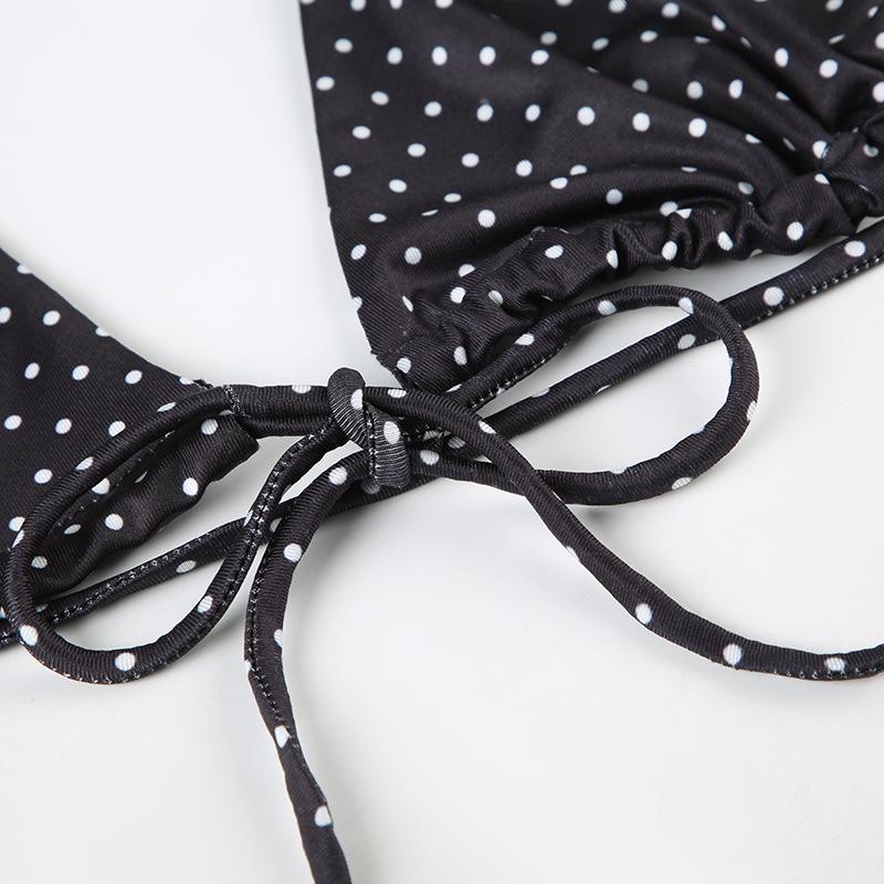 Black White Polka Dot Halter thong Bikini Set | Ruffle Skirted Bottom | Tie Front Swimsuit