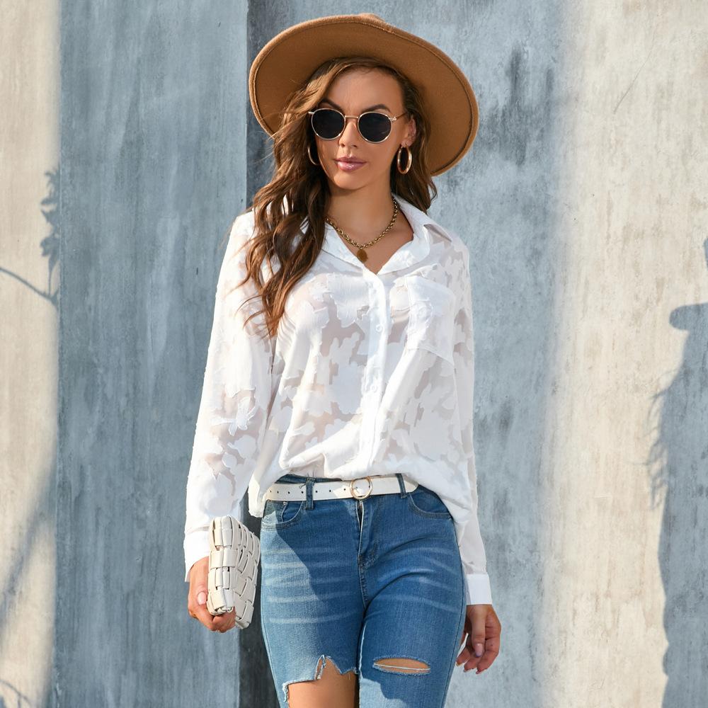 BIGWIG Women's White Elegant Sheer Blouse, Long-Sleeved Jacquard Collar Button-Down Top, Loose-Fitting Shirt, Casual Long-Sleeved Chiffon Blouse, Spring/Summer Outfit