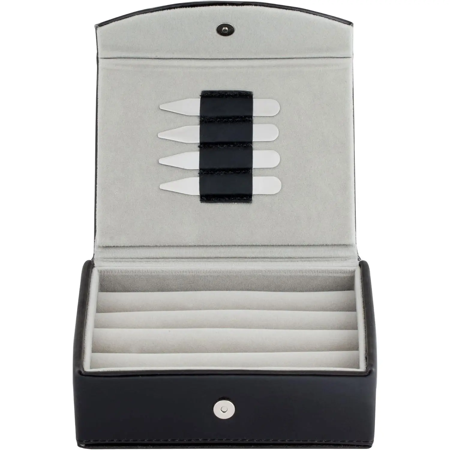 Mens Leather Travel Cufflinks Ring Storage Box Case Includes 2 Sets Metal Collar Stays - Holds 9 To 12 Pairs - 5.75 x 4.75 x 1.75 inches Holder Organizer