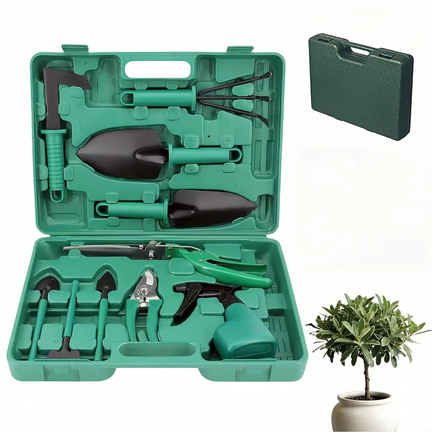 10- Garden Tools Set - Heavy Duty Hand Gardening Kit: Shovel, Pruners, Trowel, Rake for  Care, Bonsai Trimming, Weeding & Yard Work (Green)