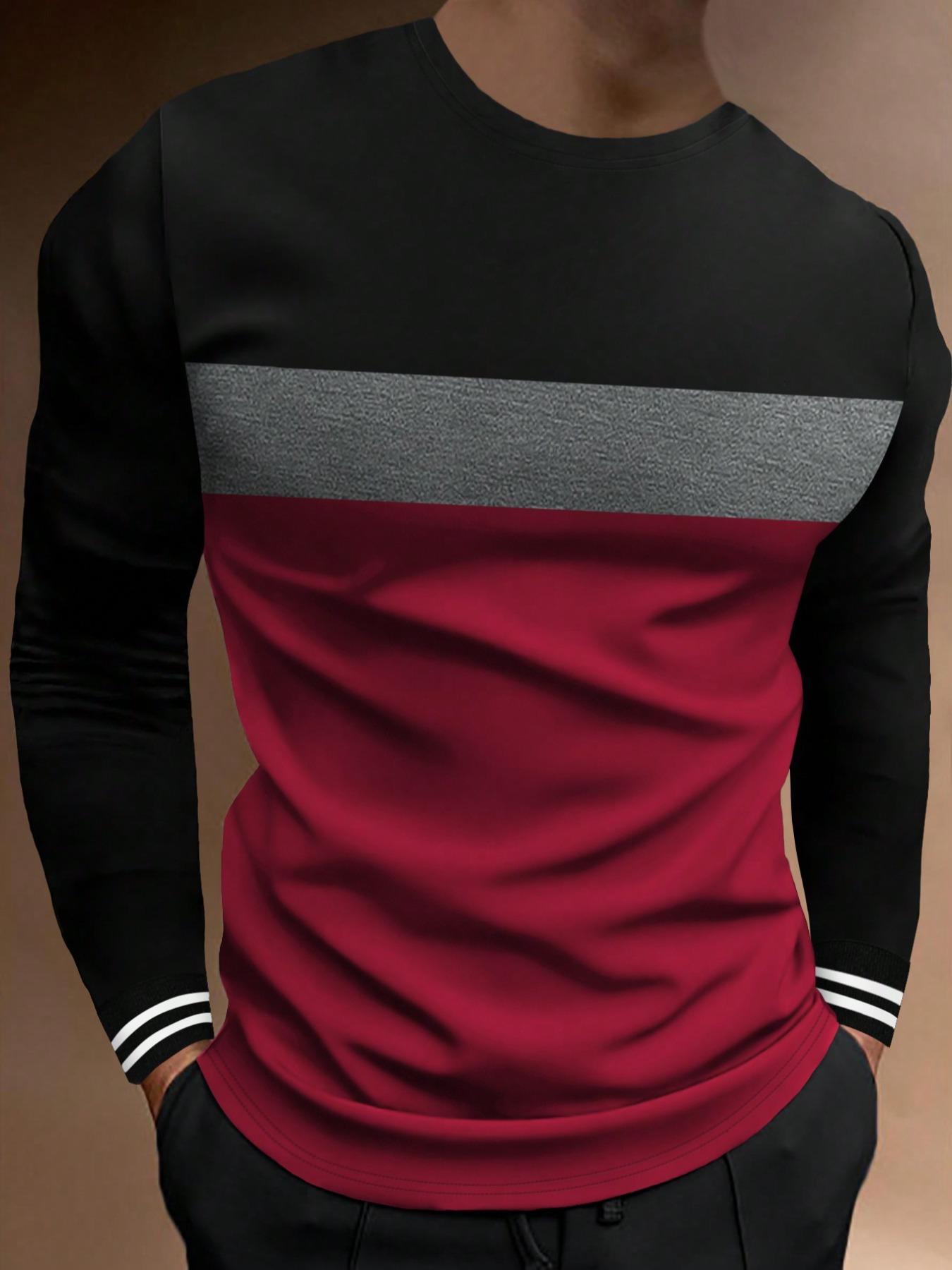 Men's Colorblock Striped Print Round Neck Tee, Casual Long Sleeve Crew Neck Jersey T-Shirt for Spring & Fall, Fashion Men's Fitted Regular Fit Top for Daily Wear Casual Basic Tee