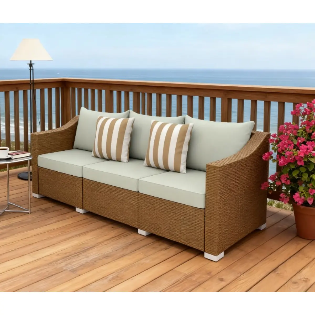 Aobtkel 3-Seat All-Weather Polyester-Cushioned Plastic Rattan Wicker Patio Couch - Outdoor Sofa Furniture for Friends, Family, Casual Use, with Throw Pillows, Easy Setup, Neutral Tone, Cotton