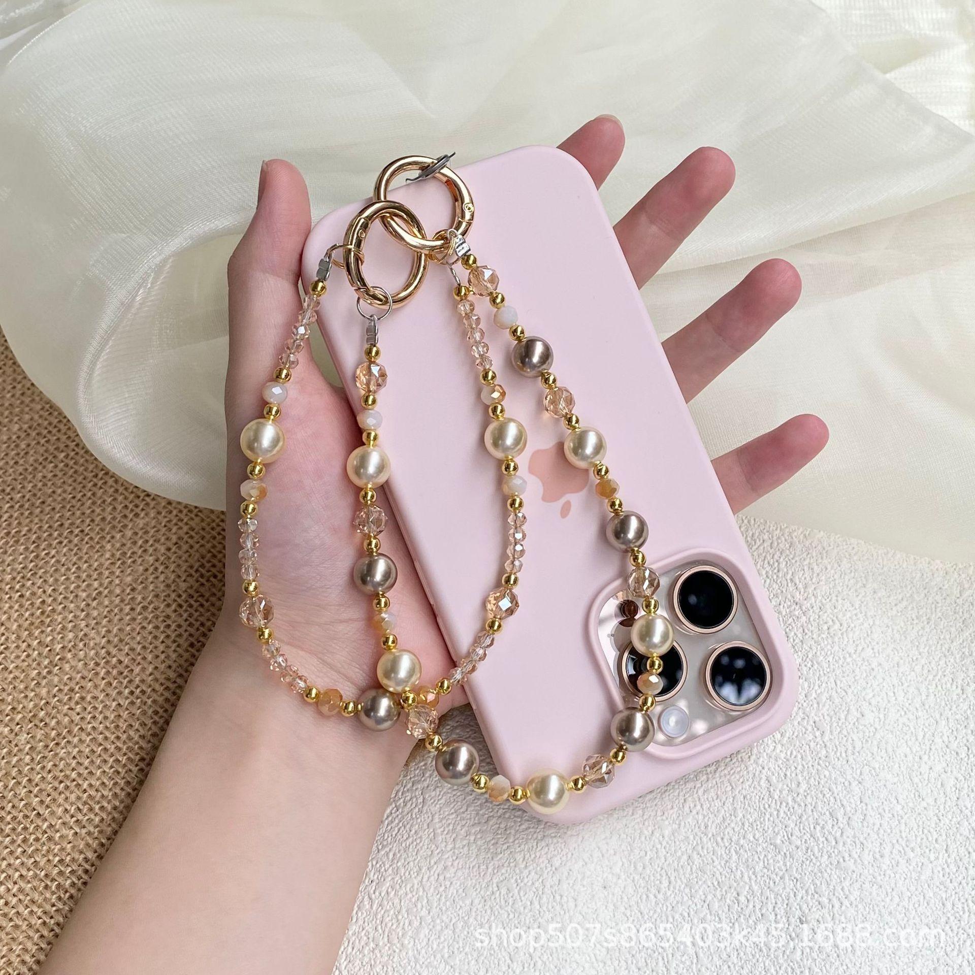 Amber gold foil bead crystal double-chain phone strap, high-end anti-loss pendant chain, luxurious style keychain phone strap