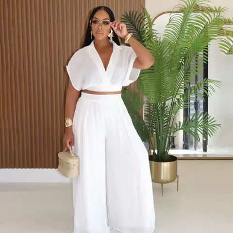 Women's Casual Vacation Chic Style Loose Collared Short Top and High Waist Wide Leg Pants Set, Comfortable and Stylish for Relaxing Days, Minimalist Top Set