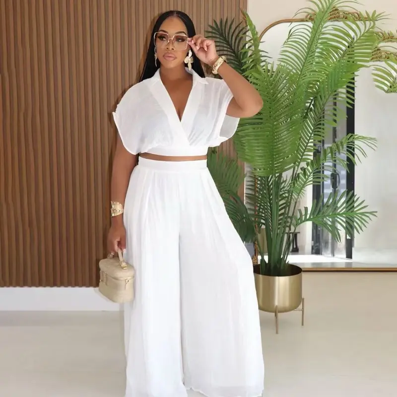Women's Casual Vacation Chic Style Loose Collared Short Top and High Waist Wide Leg Pants Set, Comfortable and Stylish for Relaxing Days, Minimalist Top Set