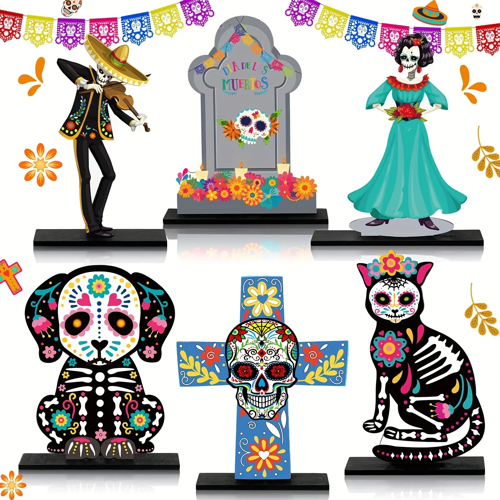 6 Pieces 2D Flat Wooden Tabletop Decor Set for Day of The Dead, Mexican Dia de los Muertos Themed Table Centerpieces for Halloween Parties & Festive Celebrations
